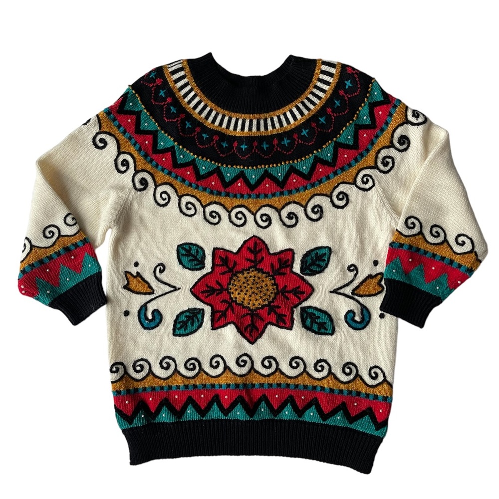 Vintage 100% Wool Fair Isle Floral Beaded Sweater Jumper Gitane Bright M 80’s